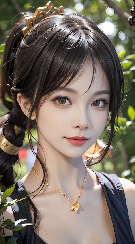 closeup of face， face shooting， （gold pattern quality：1.3）， femele， long brown-black hair， cropped shoulders， top detail cg qual...