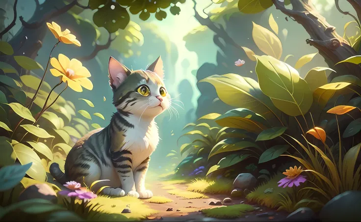 a cute cat playing with a petal, illustration game scene, os croods, dreamworks animation, imagem de fundo dos personagens do jo...