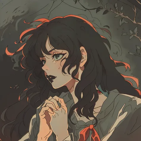 a close up of a person with long hair and a dark background, satoshi kon artstyle, with depressed eyes and curly hair, takato ya...