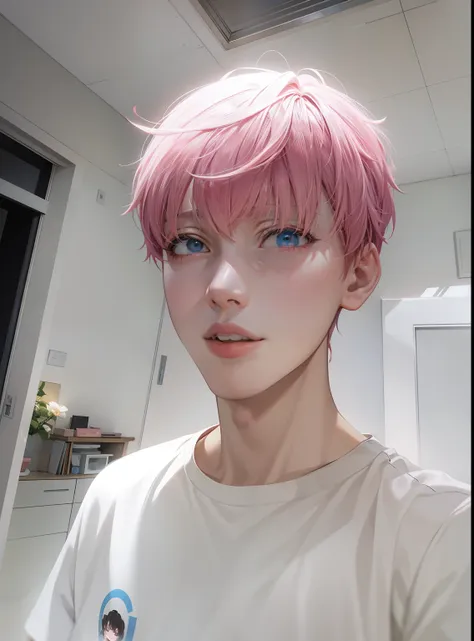 allafard asian man in a room with pink hair and white shirt, with pink hair, male ulzzang, yanjun cheng, smooth pink skin, inspi...