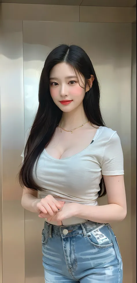 ((Midnight, Best quality, 8k, Masterpiece :1.3)), Sharp focus :1.2, A pretty woman with perfect figure :1.4, Slender abs, thigh :1.1, ((black hair, large breasts :1.2)), (tight t-shirt, jeans skirt, sneakers, standing :1.2), ((inside the elevator :1.3)), H...