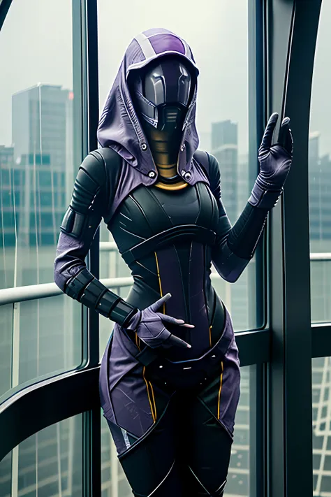 photo of female tali on observation deck, (skinny:1.3), sexy, very tall, rain, wet fabric, hood, purple bodysuit, (reflective ma...