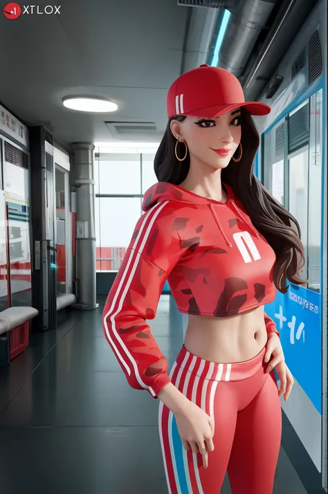 1girl, beautiful, smirk, wearing a red hat, earrings, red camo, red sweatshirt, red leggings, long hair, brown hair, mascara, nose lips, standing, midriff, naval, earrings, (realistic:1.5), cyberpunk, neon city, neon lights, 3d, cgi, volumetric lightning,...
