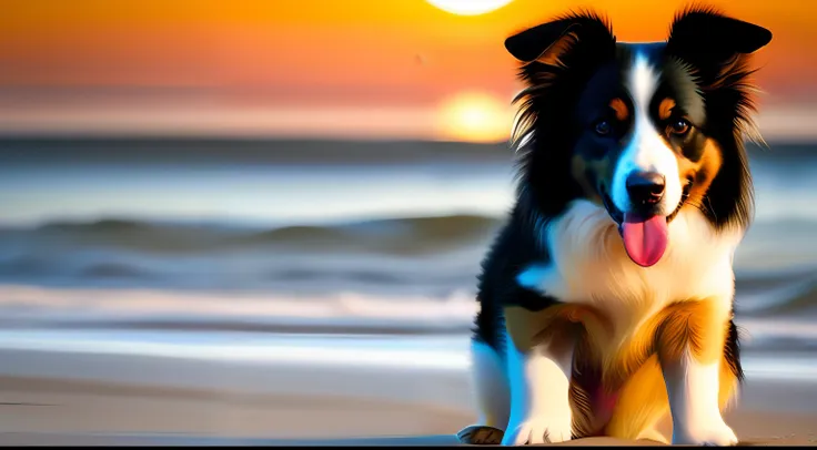 pintura digital altamente detalhada de 1 cachorro border collie pelagem preta e branca correndo feliz na praia, por do sol, paz,...