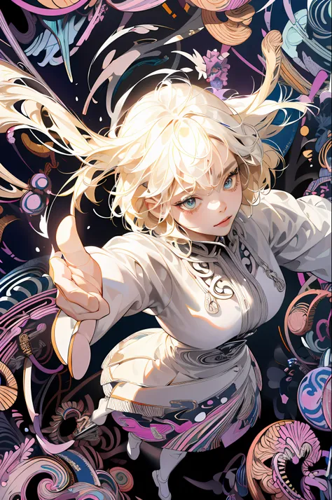 absurdres, highres, ultra detailed, 1girl, solo, extremely detailed eyes, Ultra-precise depiction, Ultra-detailed depiction, (zentangle:1.2), (dynamic pose), (abstract background:1.5), (treditional dress:1.2), short platinum blonde, (shiny skin), many colo...
