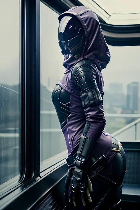 photo of female tali on observation deck on a spaceship , (skinny:1.3), sexy, very tall, rain, wet fabric, hood, purple bodysuit...