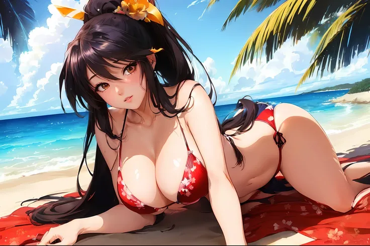 Anime girl in bikini lying on beach with palm trees in background, menina anime sedutora, mulher bonita sedutora do anime, em uma praia ensolarada, mulher bonita do anime, menina anime atraente, menina anime bonita, Oppai, Ecchi, Artgerm extremamente detal...