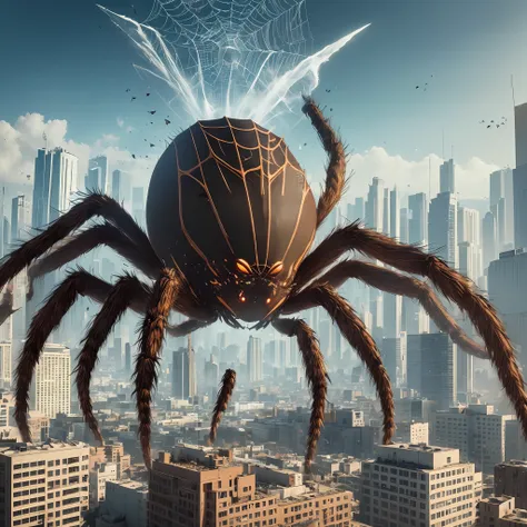 a giant spider destroying a city, cinematic, realistic, intricate details, high resolution, destruction scenery, --auto --s2