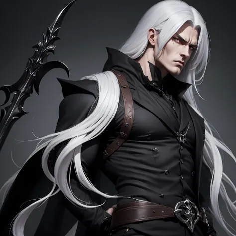 he has long, flowing white hair. his piercing white eyes shine with intensity. clad in sleek black suitd, he exudes an aura of e...