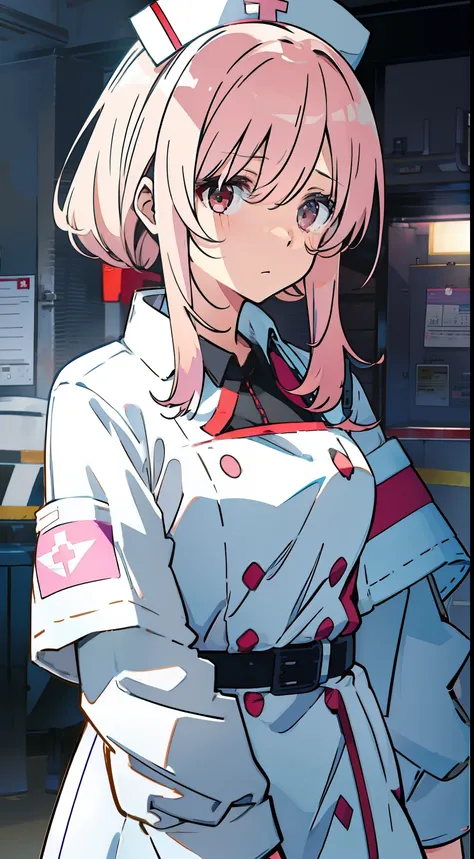 One girl、Pink hair、brown-eyed、nurses outfit、Manteau blanc、recovery、Recovery Officer、battle field、uneasy、