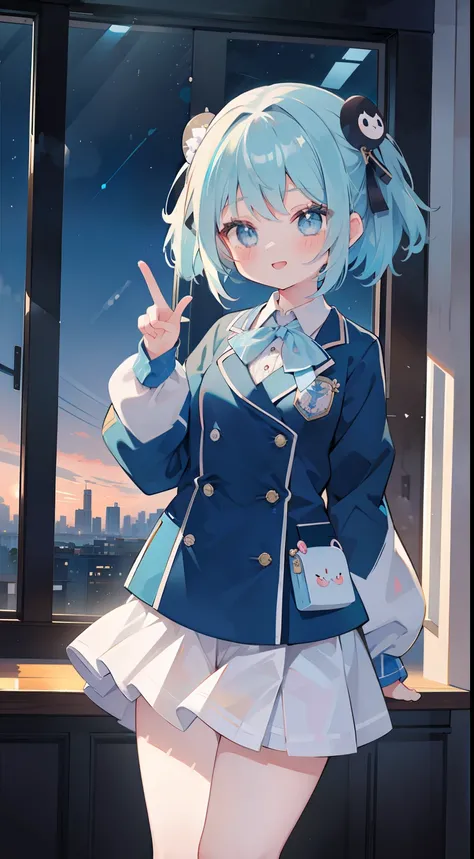 One girl、Double knot、Twin-tailed、masterpiece、Top image quality、top-quality、cute little、校服、blazers、White cityscape、Fashionable、a smile、lightblue hair、light blue eyes、