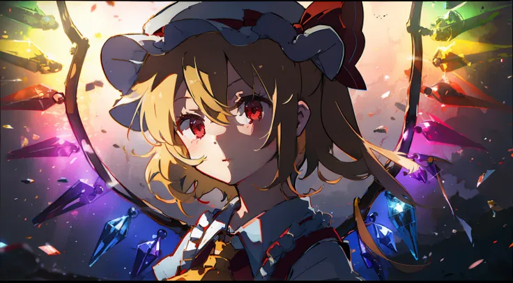 flandre scarlet
1girl,blonde hair,mob cap,hair bow,bowtie,side ponytail,wings,short sleeves,vest,ascot,