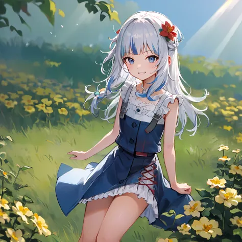 masterpiece, highres, best quality, ultra-detailed, perfect lighting, gawr gura, frill dress, smiling, ((sunlight)), ((flower fi...