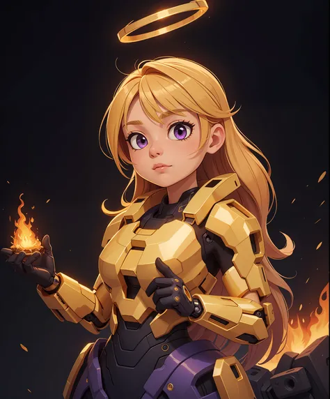 (masterpiece, best quality, ultra-detailed), 1girl, golden hair, purple eyes, gold, golden, glowing, mechanical arms, fire, (hal...