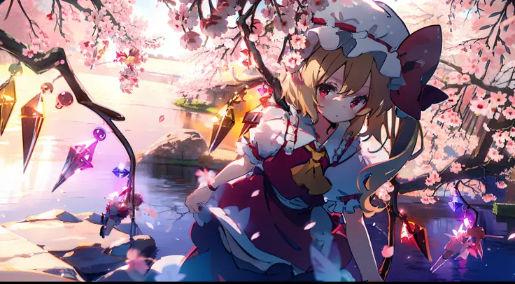 flandre scarlet
1girl,blonde hair,mob cap,hair bow,bowtie,side ponytail,wings,short sleeves,vest,ascot,cute little、The cherry tree、Sakura blizzard、natta、masterpiece、top-quality、Top image quality