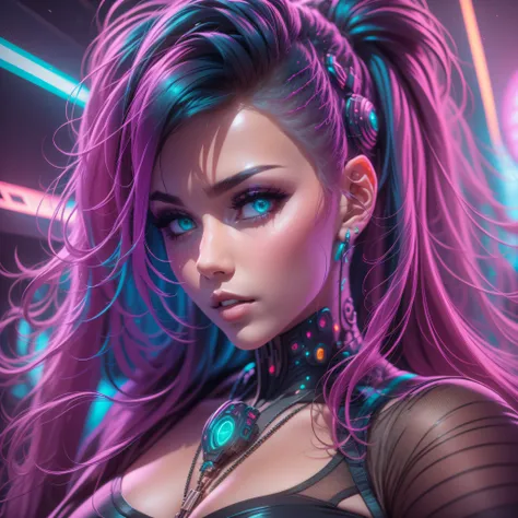 "mulher linda em cyberpunk com sombras intensas e cores neon vibrantes."