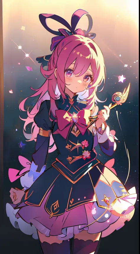 One girl、magical little girl、metamorphosis、Magical Girl Costumes、masterpiece、top-quality、Top image quality、cute little、Magic cane、magia、black backgrounds、bow ribbon、frilld、