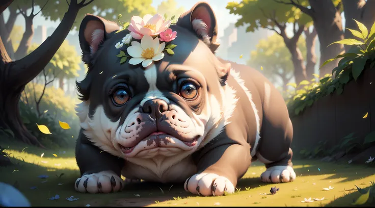 Baby Bulldog, fundo complexo, beautiful lighting, sombra profunda, melhor qualidade, obra-prima, Ultra Highres, fotorrealista, muitos pequenos detalhes, cores suaves, volumeric lighting, Scifi, contraste: 0.5, sozinho: 1.4, majo, bicho, floresta, grama, s...