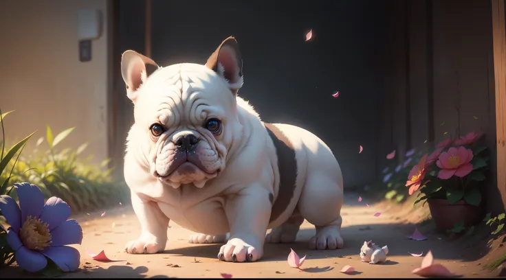 Baby Bulldog, fundo complexo, beautiful lighting, sombra profunda, melhor qualidade, obra-prima, Ultra Highres, fotorrealista, muitos pequenos detalhes, cores suaves, volumeric lighting, Scifi, contraste: 0.5, sozinho: 1.4, majo, bicho, floresta, grama, s...