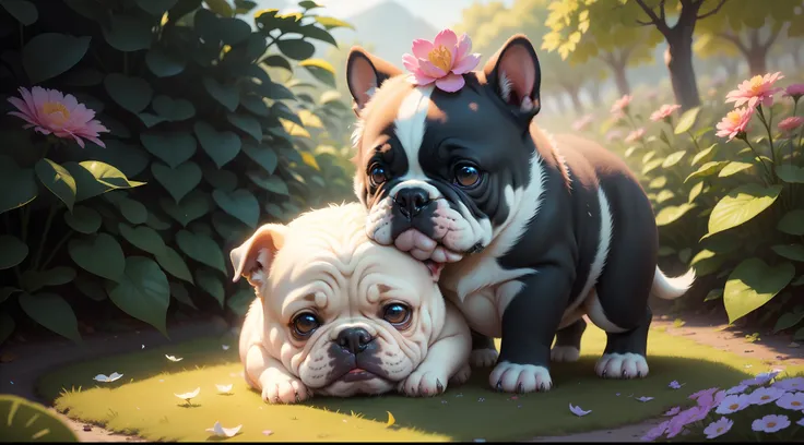 Baby Bulldog, fundo complexo, beautiful lighting, sombra profunda, melhor qualidade, obra-prima, Ultra Highres, fotorrealista, muitos pequenos detalhes, cores suaves, volumeric lighting, Scifi, contraste: 0.5, sozinho: 1.4, majo, bicho, floresta, grama, s...
