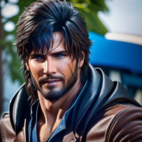 ultra realistic handsome man looking into camera gently smiling dark brown hair blue eyes brown beard black leather jacket portr...