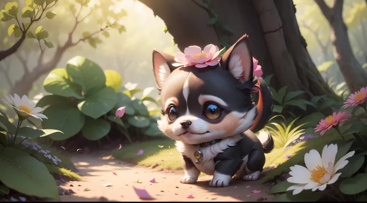 baby chiuaua dog , fundo complexo, beautiful lighting, sombra profunda, melhor qualidade, obra-prima, Ultra Highres, fotorrealista, muitos pequenos detalhes, cores suaves, volumeric lighting, Scifi, contraste: 0.5, sozinho: 1.4, majo, bicho, floresta, gra...