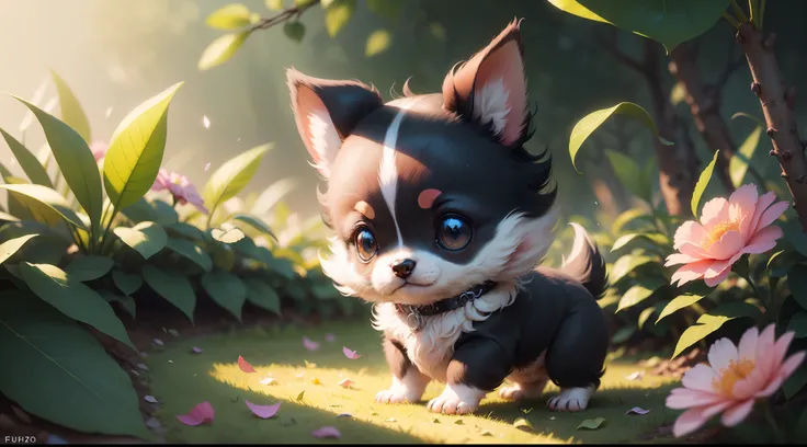 baby chiuaua dog , fundo complexo, beautiful lighting, sombra profunda, melhor qualidade, obra-prima, Ultra Highres, fotorrealista, muitos pequenos detalhes, cores suaves, volumeric lighting, Scifi, contraste: 0.5, sozinho: 1.4, majo, bicho, floresta, gra...