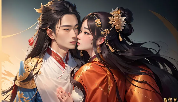 couple， chinese style, ancient style, handsome guys, handsome men, meticulous brushstrokes, affectionately look at women's maste...