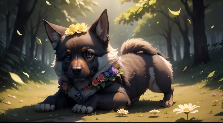 Baby German Shepherd dog, fundo complexo, beautiful lighting, sombra profunda, melhor qualidade, obra-prima, Ultra Highres, fotorrealista, muitos pequenos detalhes, cores suaves, volumeric lighting, Scifi, contraste: 0.5, sozinho: 1.4, majo, bicho, flores...