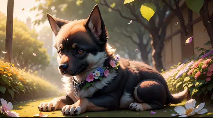 Baby German Shepherd dog, fundo complexo, beautiful lighting, sombra profunda, melhor qualidade, obra-prima, Ultra Highres, fotorrealista, muitos pequenos detalhes, cores suaves, volumeric lighting, Scifi, contraste: 0.5, sozinho: 1.4, majo, bicho, flores...