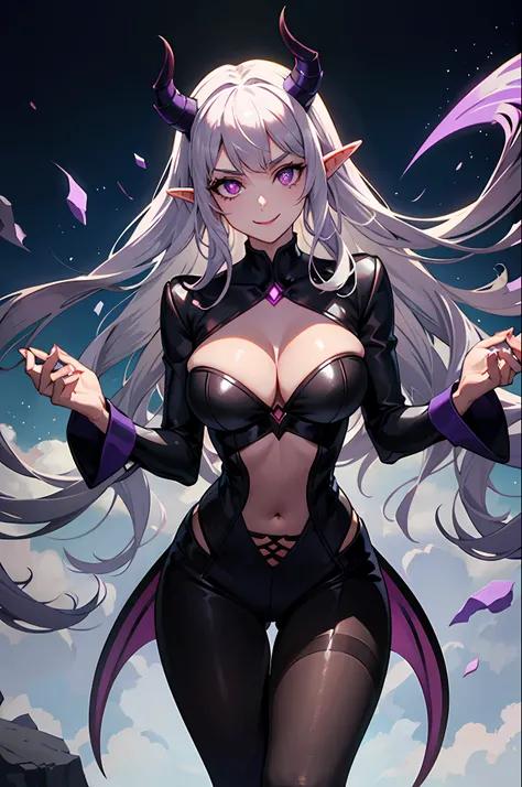 A female demon with elf ears, um rosto maduro com um sorriso perverso, e corpo volumoso com seios enormes e busto, Silver hair with purple locks and demonic purple eyes, roupa preta, unhas grandes longas e pontiagudas, caveiras e velas de rituais, sombras ...