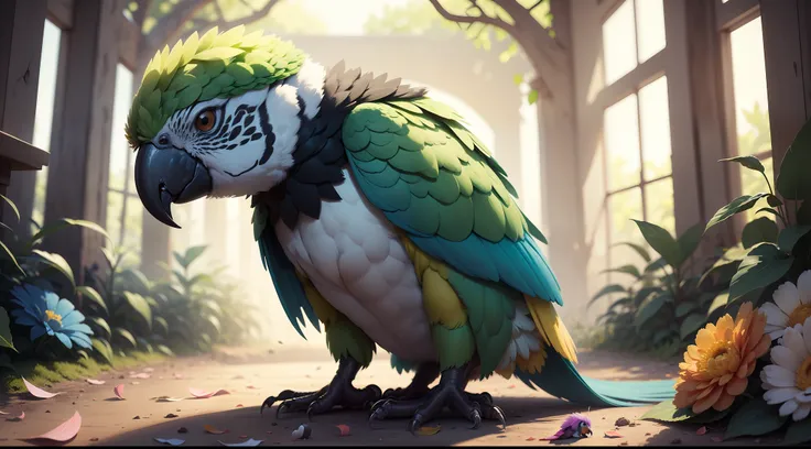 baby parrot, fundo complexo, beautiful lighting, sombra profunda, melhor qualidade, obra-prima, Ultra Highres, fotorrealista, Proper proportions, muitos pequenos detalhes, cores suaves, volumeric lighting, Scifi, contraste: 0.5, sozinho: 1.4, majo, bicho,...