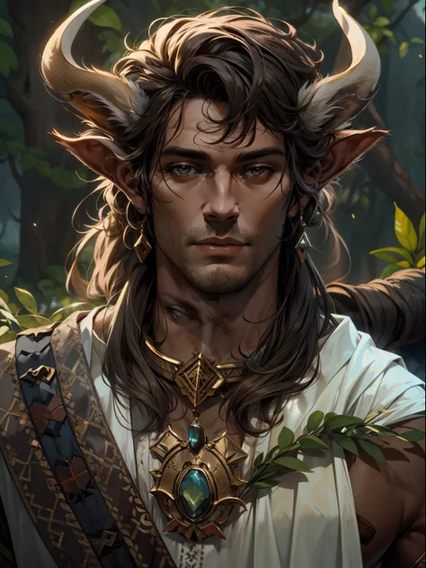 d&desenho d, a very handsome faun druid with white eyes and a tunic with an acacia pattern, loyal expression, intensidade de clo...