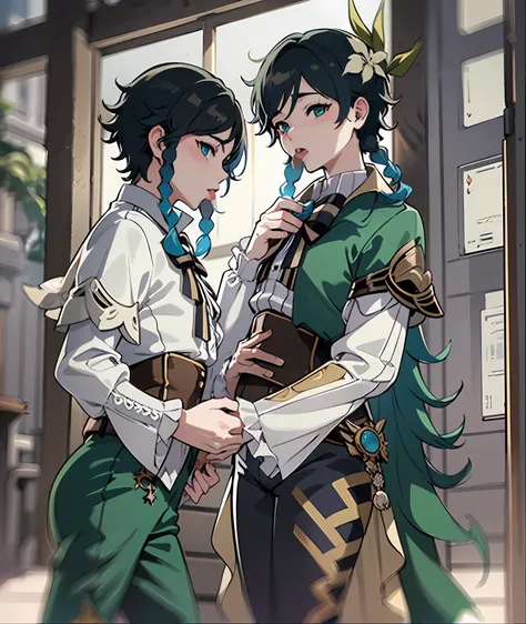 Anime, Hdr, Soft Light, ((Best quality)), ((Masterpiece)), (Detailed), (2boys, homo:1.4), (fellatio, penis,:1.3), male focus, venti (genshin impact), black hair, braid, long sleeves, twin braids, gradient hair, multicolored hair, , looking at viewer,