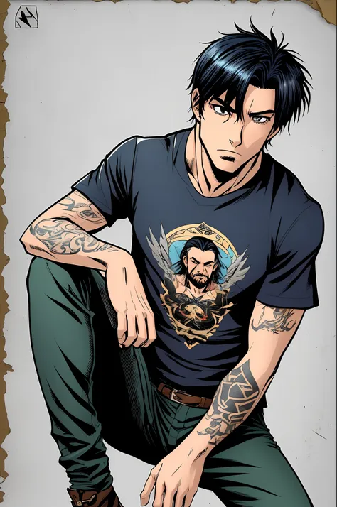 ((create very precision):1.5) a 20 years old skinny guy with black hair and a spiral neck tatoo, a shirt from black sabbath and ...