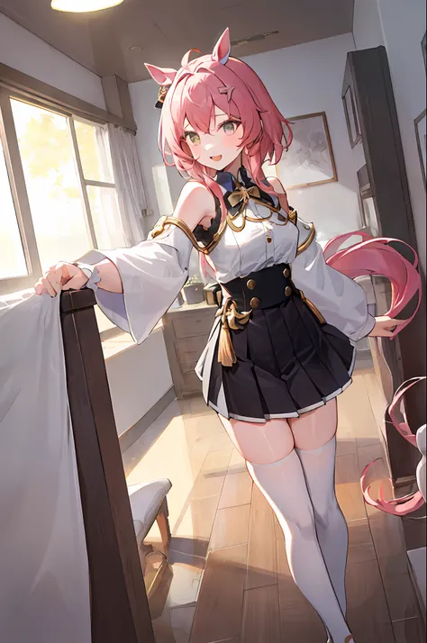 A cute girl who loves to dance in the house line,Wearing a pink skirt,Yellow hair,dual horsetail,White stockings