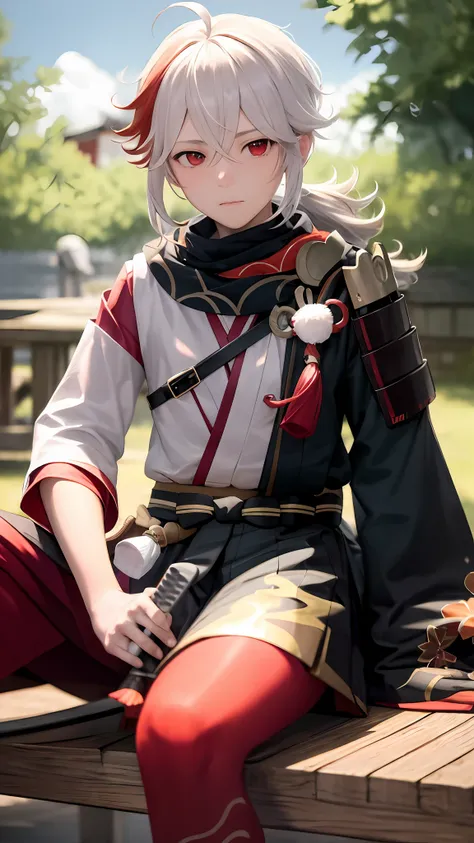 masterpiece, best quality,kaedehara kazuha, male focus, 1boy, solo, red eyes, bangs, multicolored hair, japanese clothes, streaked hair, red hair, hair between eyes, weapon, sword, armor, japanese armor, white hair, closed mouth, ponytail, outdoors, tassel...