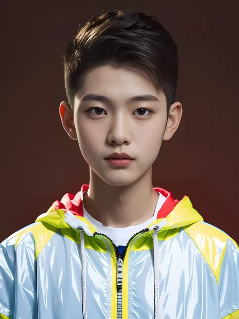 A 17-year-old Chinese male high school student,Outside, he wore a brightly colored black-red tunic,Sweatshirt made of PVC