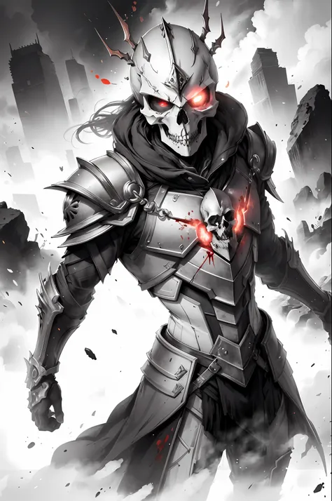 The armor, the skull, blood fog,dynamic angle,close up,Red flash eyes