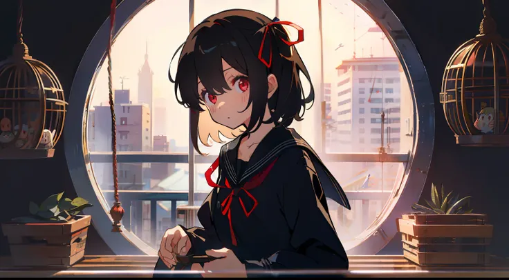 In the bird cage、One girl、A dark-haired、Physical education sitting、Black sailor suit、masterpiece、Top image quality、top-quality、cute little、red eyes、Long、beautiful hairl、black backgrounds、Ribbon background
