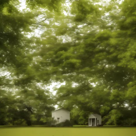Interior scenery of large enclosed shed, Interior of large enclosed warehouse, Tree with swing growing in the center of the shed. There is a large tree in a brick and wood building with a circular area, arte conceitual de luminosidade azulada, Childrens ae...