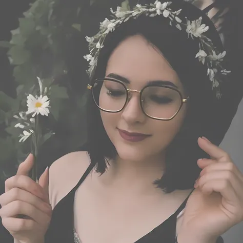 There is a woman with glasses and a flower in her hand, ela tem uma coroa de flores, Brandon Woelfel, usando uma coroa floral, wearing a flower headpiece, Ela tem uma coroa de flores secas, flower child, com flores, infp mulher jovem, coroa da flor, fotogr...