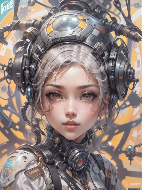 manga magazine cover, expressive, luminous,menina bonito:1.2, roupas techwear, mechanical spider, cabos, engrenagens, circles, f...