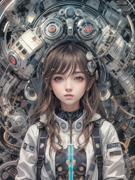 cover manga magazine, expressivo, luminoso,menina bonito:1.2, roupas techwear, mechanical spider, cabos, engrenagens, circles, f...