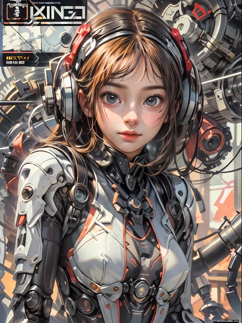 cover manga magazine, expressivo, luminoso,menina bonito:1.2, roupas techwear, mechanical spider, cabos, engrenagens, circles, f...