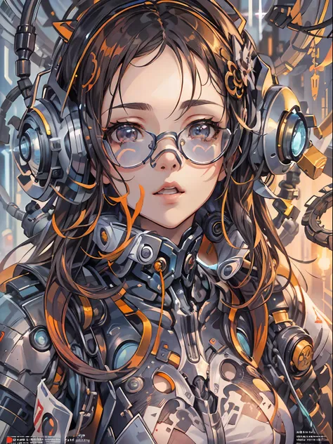 manga magazine cover, menina bonito:1.2, roupas techwear, mechanical spider, cabos, engrenagens, circles, fractais, art-station,...