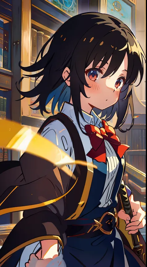 in isekai、Isekai Tensei、summoner、One girl、A dark-haired、Medium hair、masterpiece、Top image quality、top-quality、cute little、校服、blazers、bow ribbon、The wizarding world