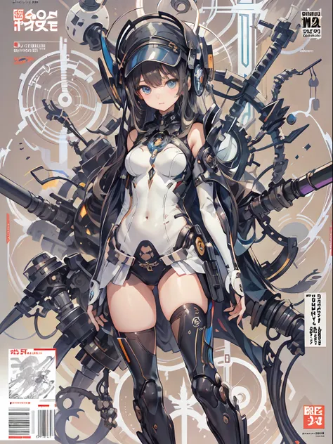 manga magazine cover, menina bonito:1.2, roupas techwear, mechanical spider, cabos, engrenagens, circles, fractais, art-station,...