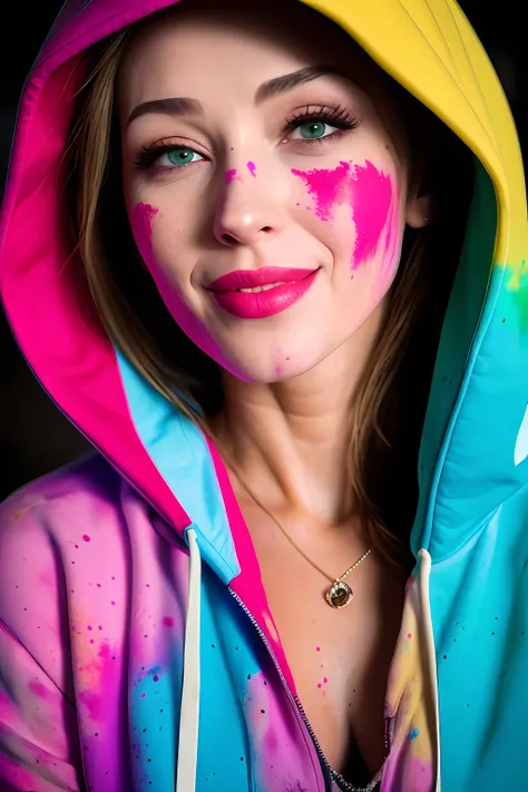 beautiful american college woman, wearing hoodie, looking at viewer, holi color festival, portrait, hyper detailed  pov, by lee ...