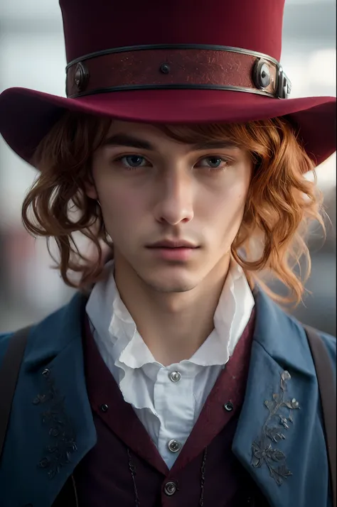 obra-prima, melhor qualidade, 8k, absurdo, extremamente detalhado, Young man with lobbies well-defined wavy hair of intense coppery red coloration, 1 homem, solo, olhando para o espectador, longo, cabelo ruivo ondulado, rosto masculino delicado, kalap, olh...
